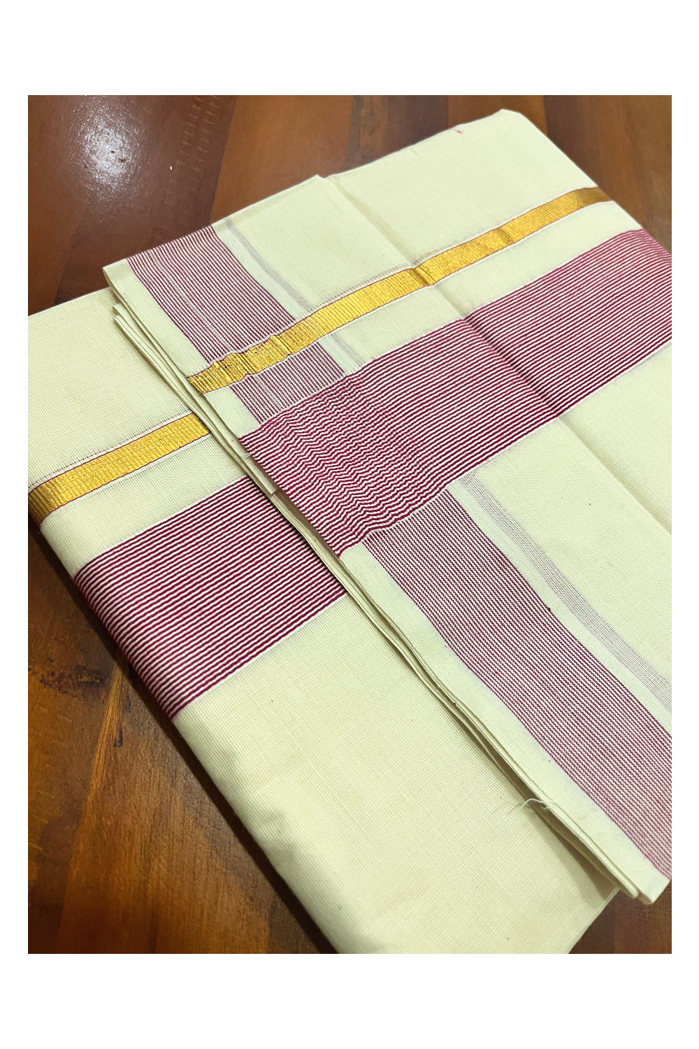 Pure Cotton Mundu with Maroon Lines and Kasavu Border (South Indian Kerala Dhoti)