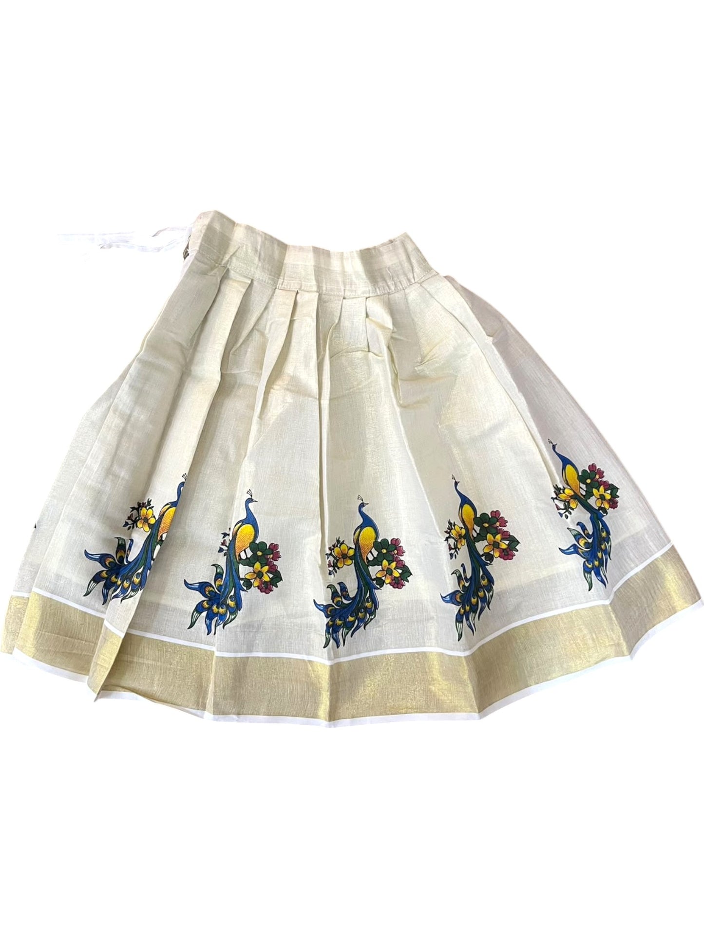 Southloom Kerala Tissue Kasavu Peacock Digital Printed Pavada & Blouse with for Kids