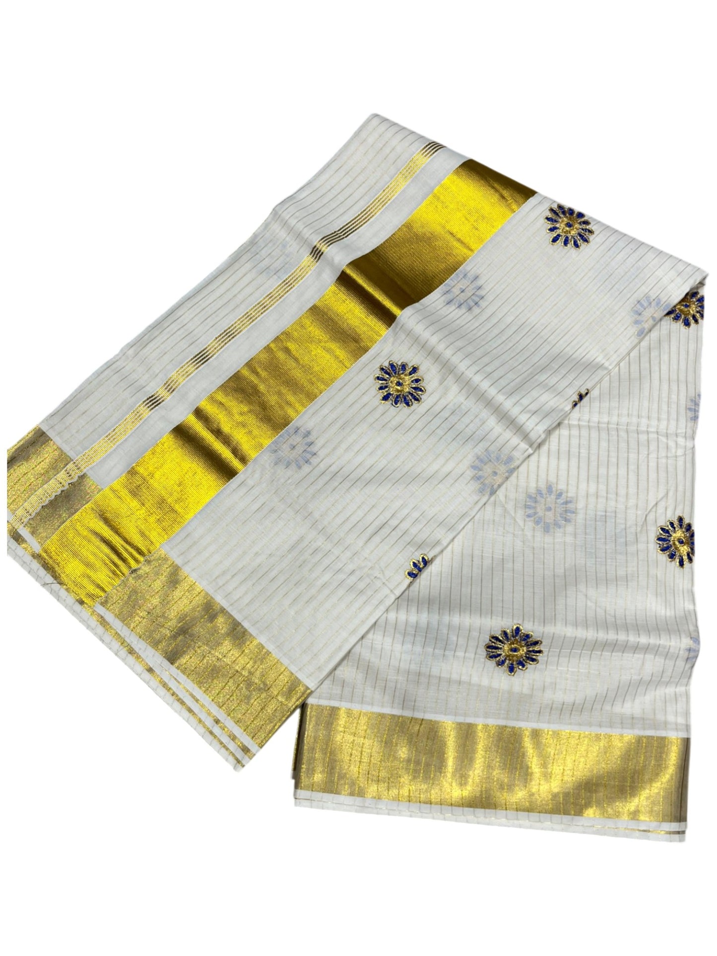 Southloom Cotton Kerala Kasavu Lines Saree with Floral Embroidery Design in Blue