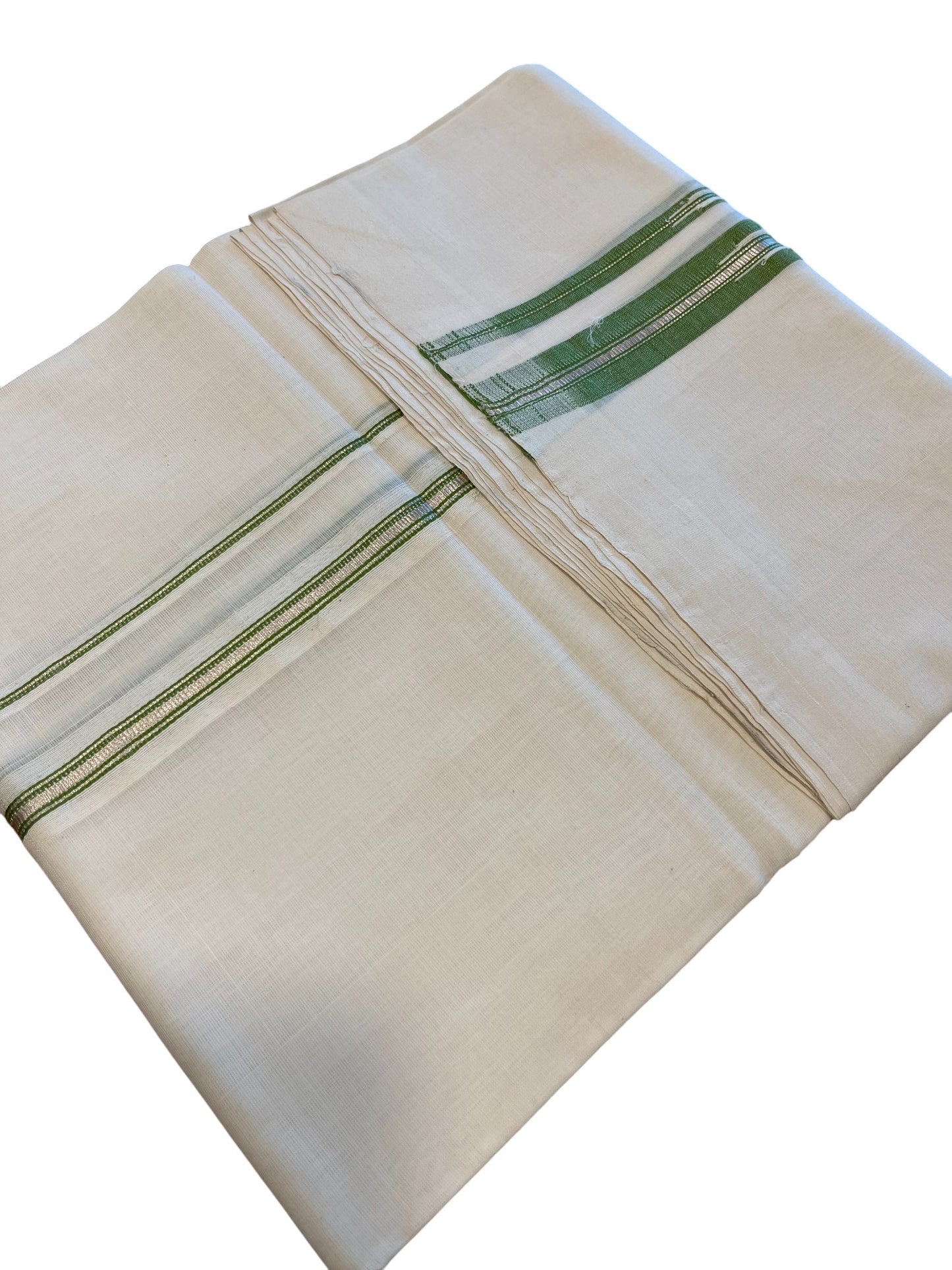 Southloom Premium Handloom Cotton Double Mundu with Silver and Green Chutti Kara Border