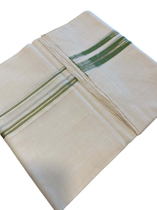 Southloom Premium Handloom Cotton Double Mundu with Silver and Green Chutti Kara Border