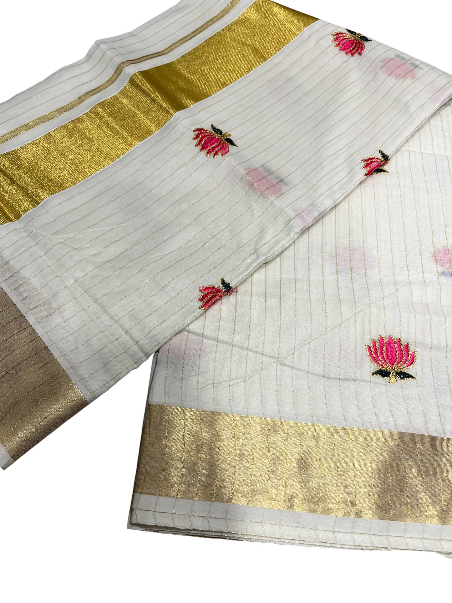 Kerala Cotton Kasavu Line Saree With Pink Lotus Embroidery SL172
