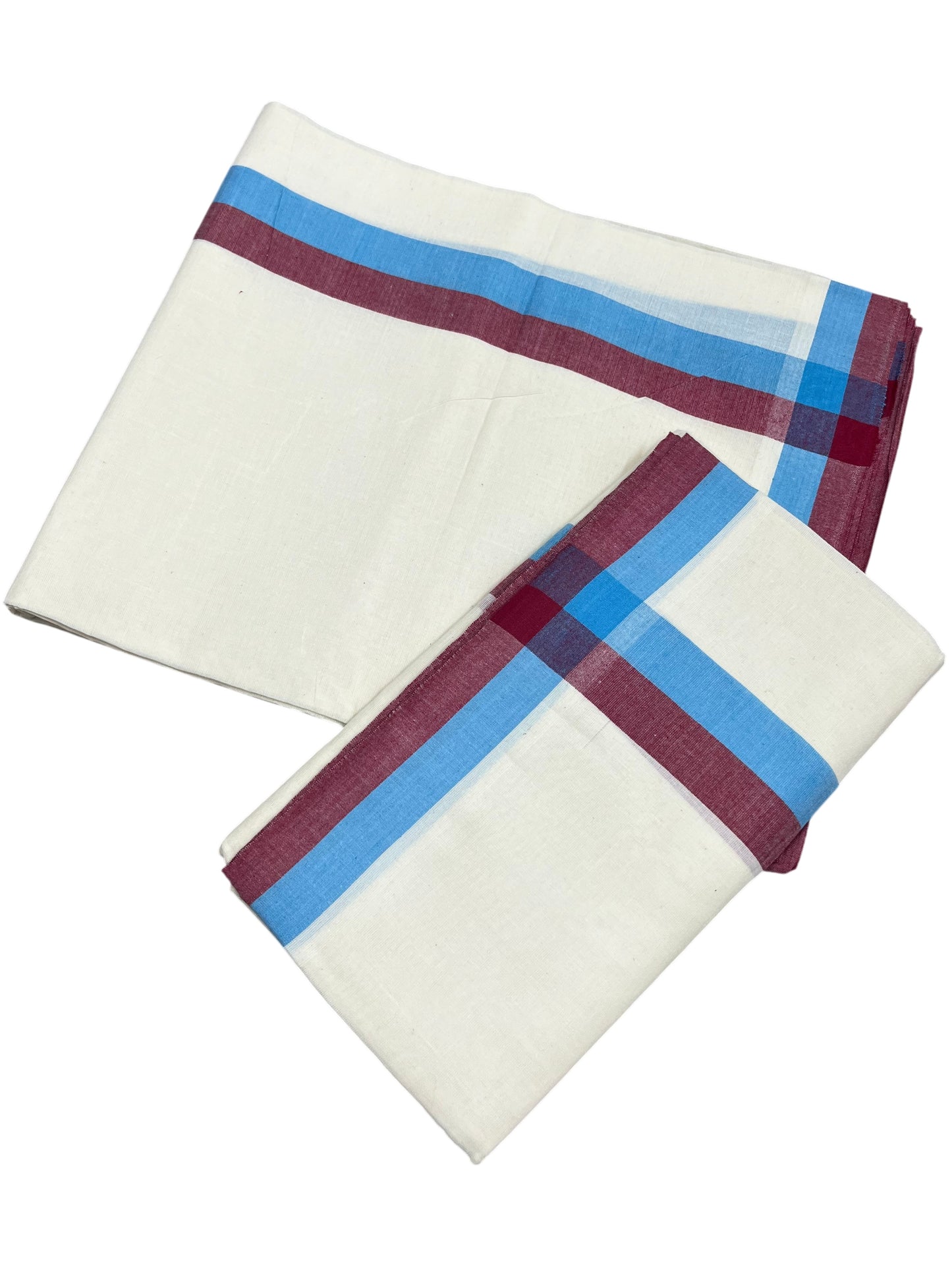 Southloom Pure Cotton Kerala Single Mulloth Set Mundu (Mundum Neriyathum) Maroon And Blue Border in 2.80 mtrs SL243