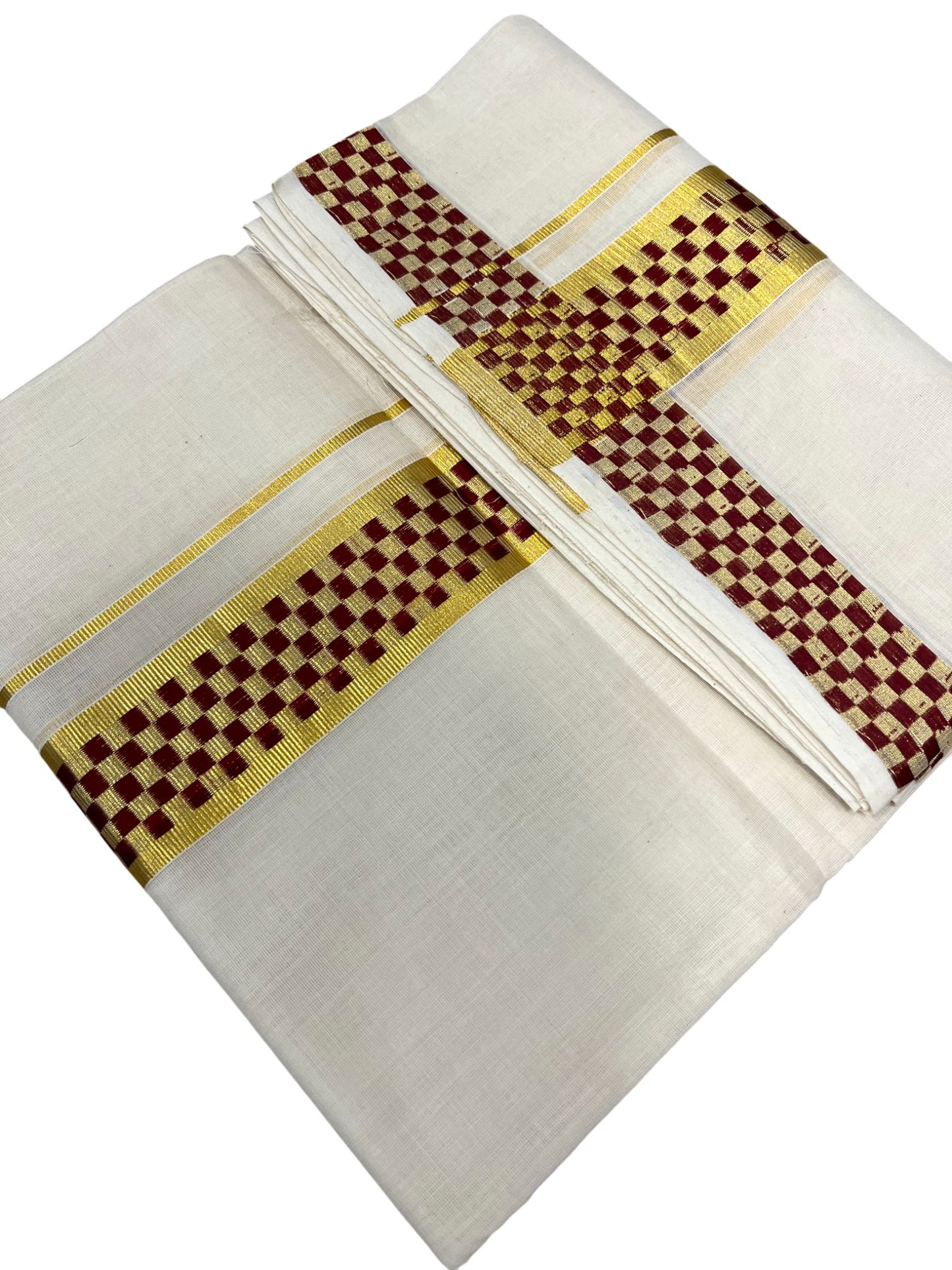 Southloom Premium Handloom Cotton Gold Kasavu Double Mundu with Maroon Paa Neythu Border