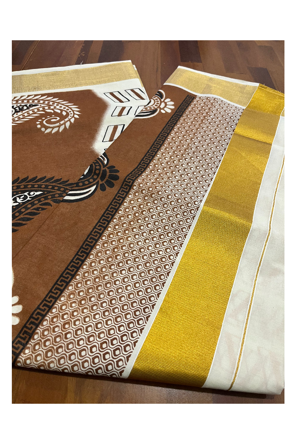 Kerala Cotton Saree with Brown Block Prints on Pallu and Golden Block Prints on Body