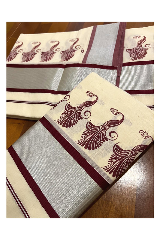 Pure Cotton Kerala Single Set Mundu (Mundum Neriyathum) with Maroon Block Printed Silver Kasavu Border