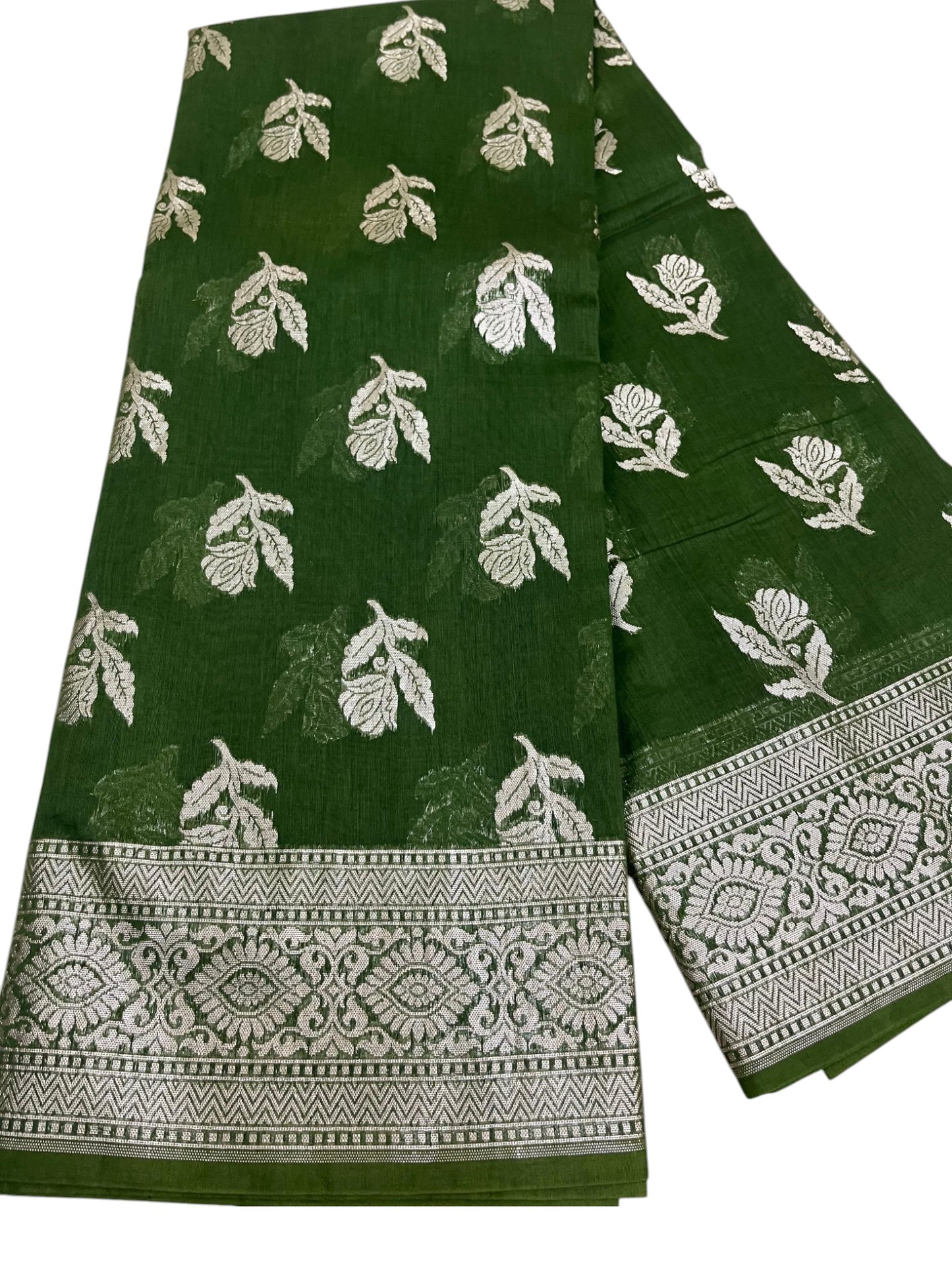 Southloom Cotton Banarasi Silk Saree with Woven Work on Body and Borders (Green )