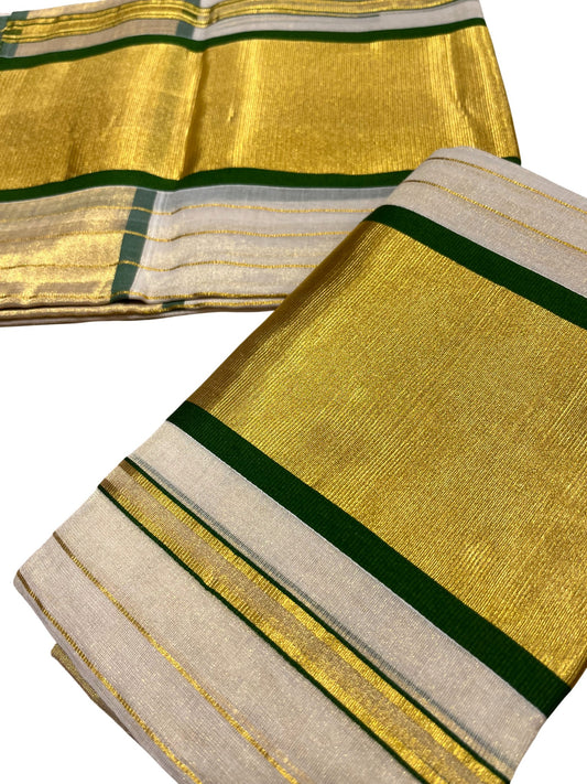 Southloom Premium Handloom Set Mundu with Kasavu and  Green Border (2.80 Mtr)