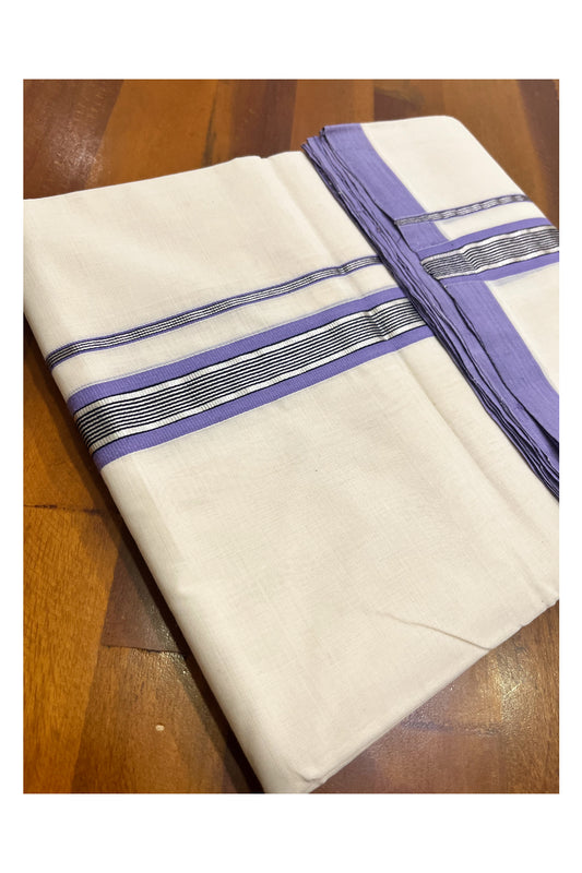 Premium Balaramapuram Handloom Unakkupaavu Cotton Double Mundu with Silver Kasavu and Violet Border (Vishu 2024 Collection)