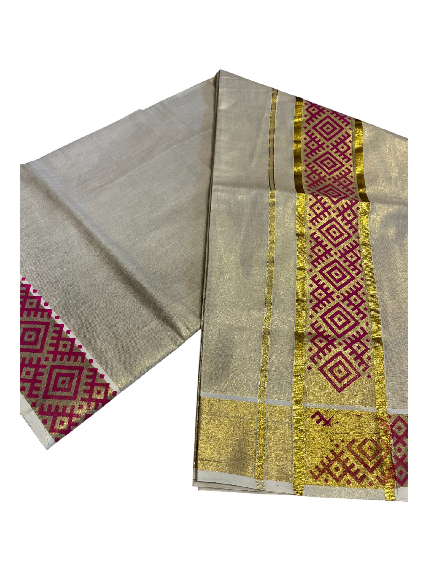 Southloom Kerala Tissue Kasavu Plain Saree  Magenta Hand Printed