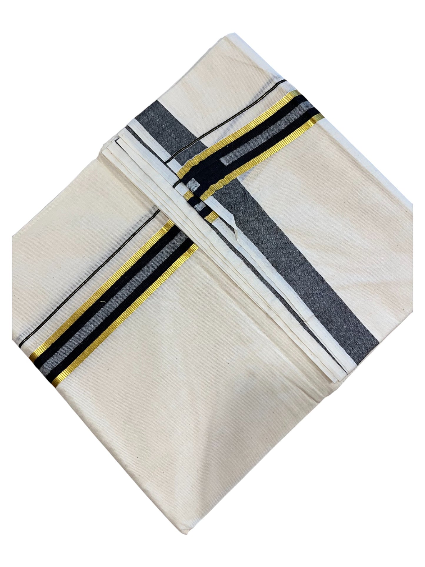 Southloom Pure Cotton Double Mundu With  Gold Kasavu& Black Colour Border (South Indian Kerala Dhoti)