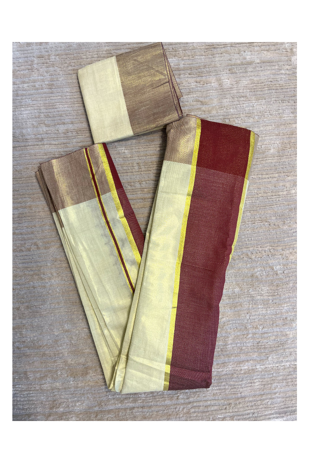 Southloom Tissue  Ready to Wear Kasavu Kerala Saree with Maroon Kara and Blouse Piece