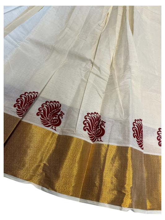 Southloom Kerala Cotton Kasavu Pavada Blouse with Hand Printed Work for Kids