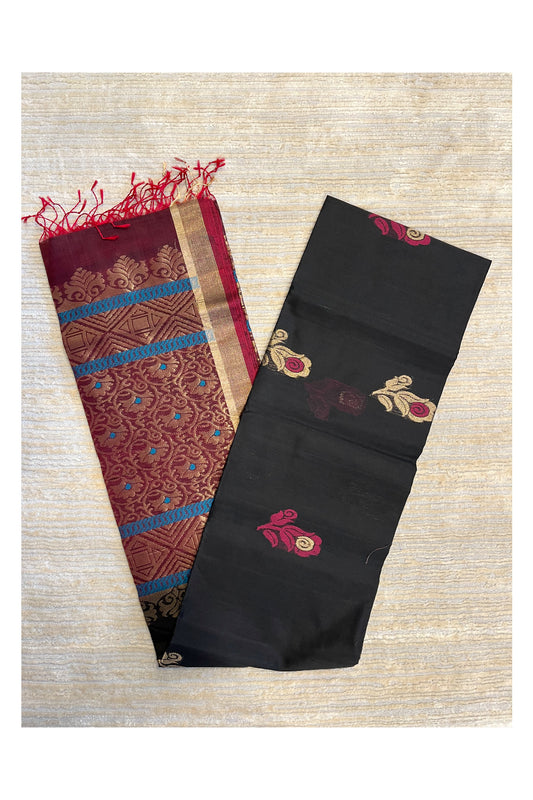 Southloom Pure Handloom Cotton Silk Saree With Handwoven Work Across Body and Blouse in Maroon And Black