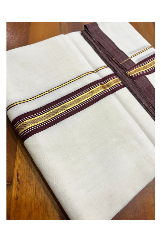 Premium Balaramapuram Handloom Unakkupaavu Cotton Double Mundu with Brown and Kasavu Border (Vishu 2024 Collection)
