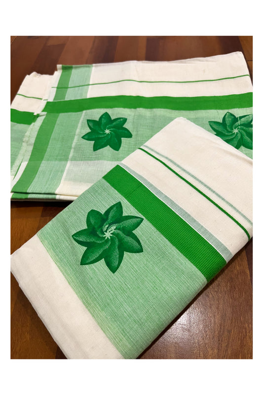 Kerala Cotton Single Set Mundu (Mundum Neriyathum) with Light Green Floral Block Prints on Border