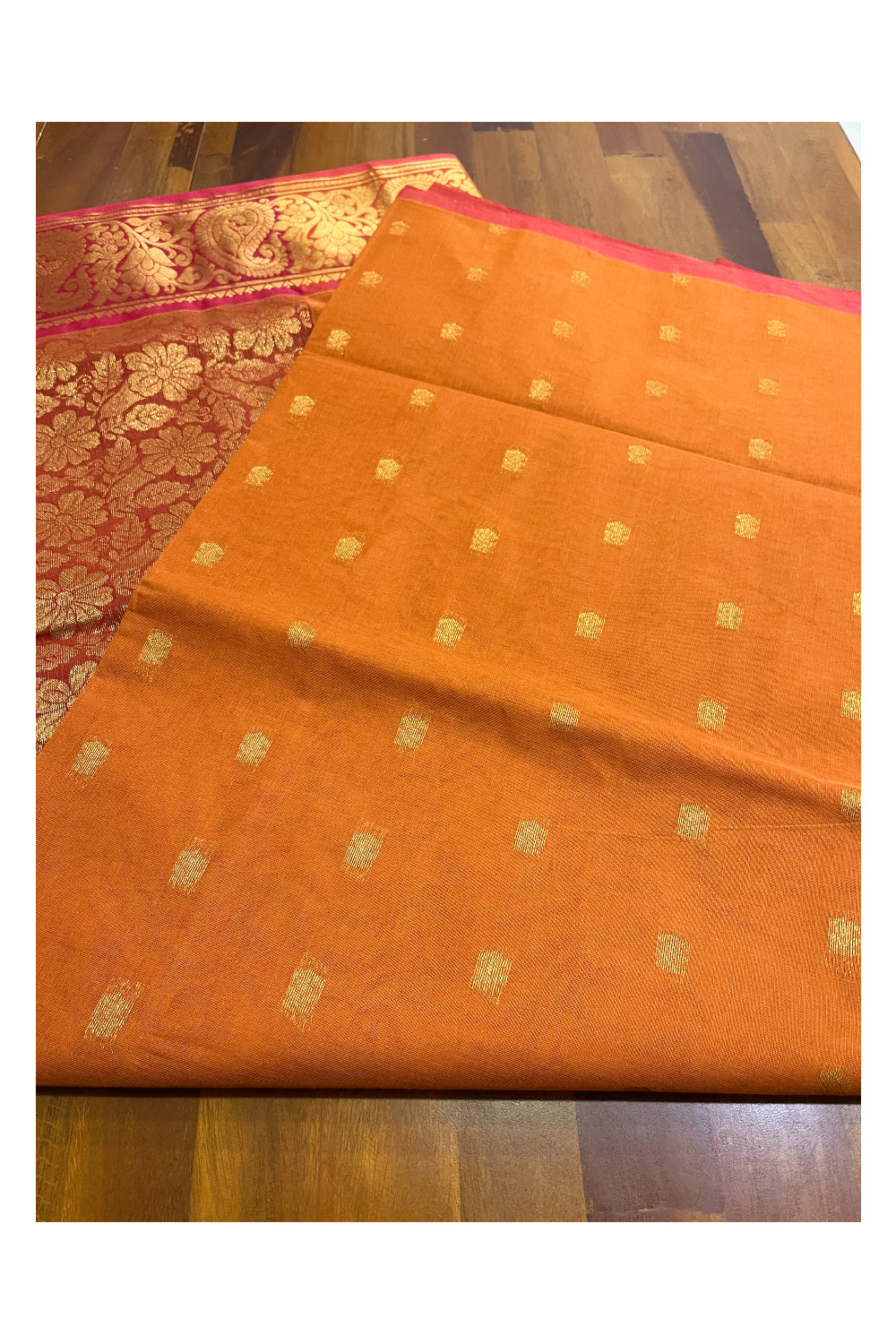 Southloom Cotton Mustard Orange Saree with Kasavu Woven Butta Works on Body and Pallu