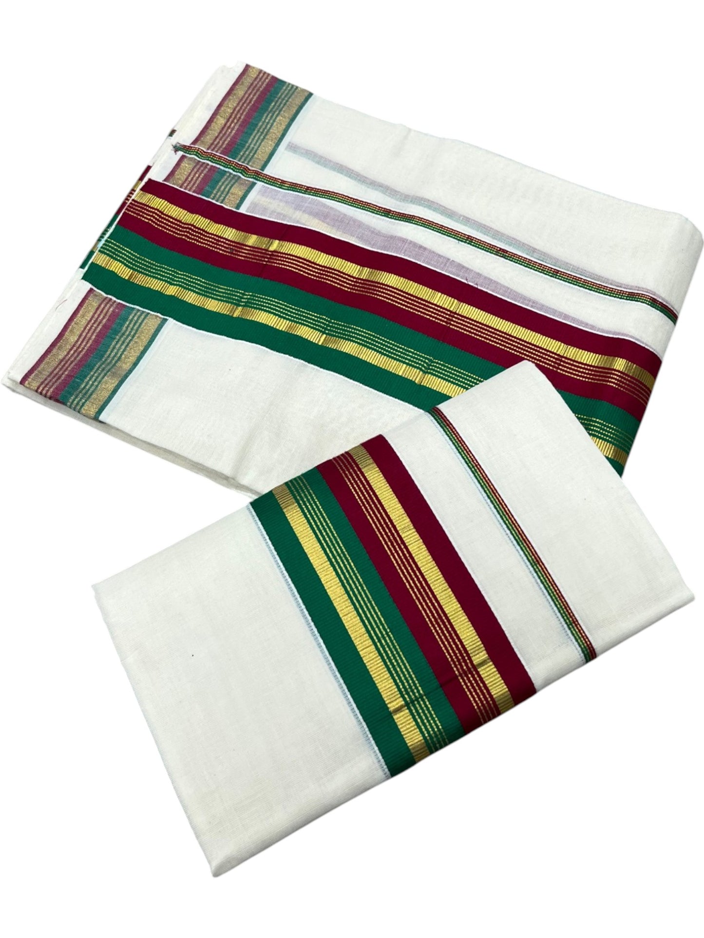 Southloom Kerala Cotton Kasavu Single Set Mundu (Mundum Neriyathum) with Green And Maroon Kasavu Border SLKK
