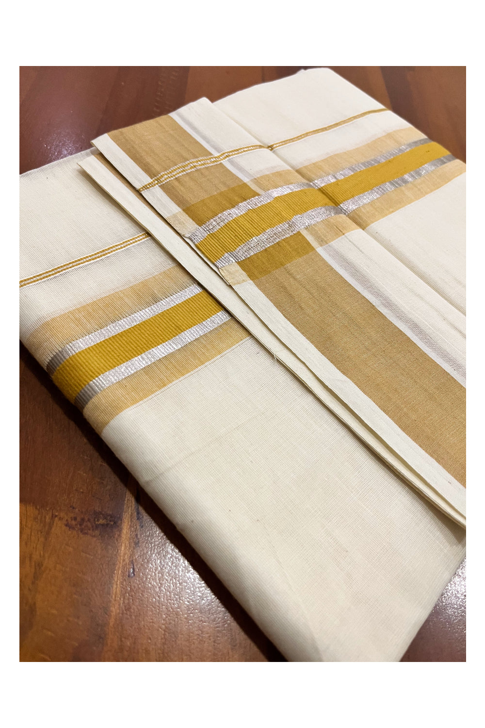 Pure Cotton Double Mundu with Yellow and Silver Kasavu Kara (South Indian Kerala Dhoti)