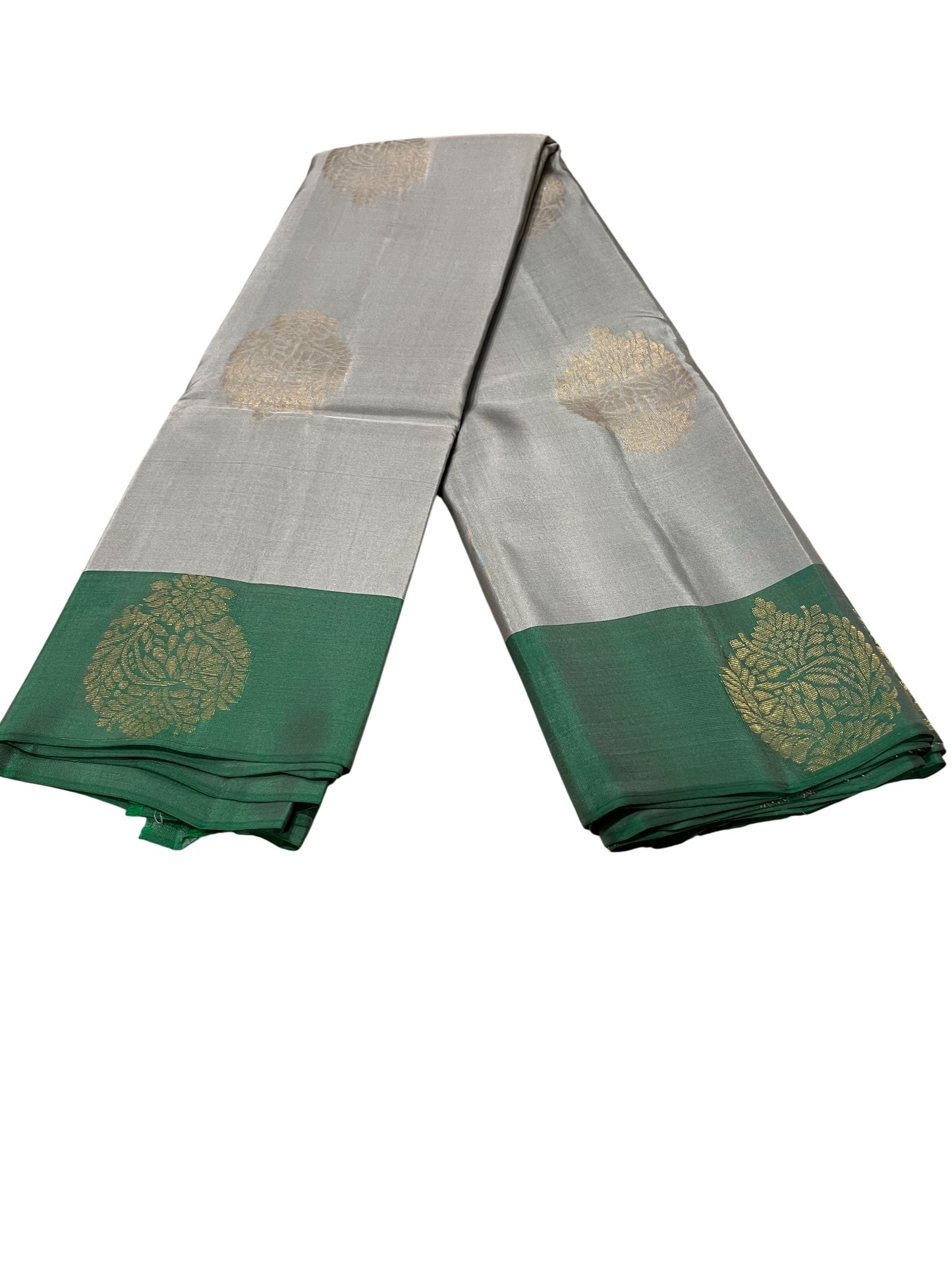 Southloom Pure Handloom Kanchipuram Silk Saree with Butta Work (Grey & Green)