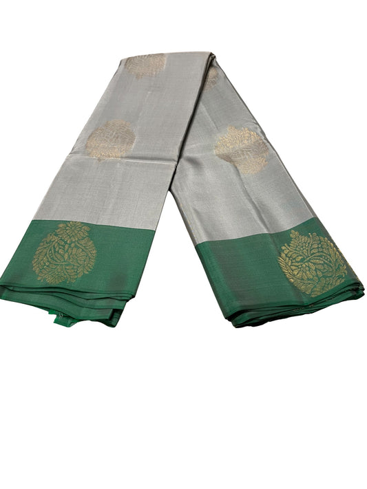 Southloom Pure Handloom Kanchipuram Silk Saree with Butta Work (Grey & Green)