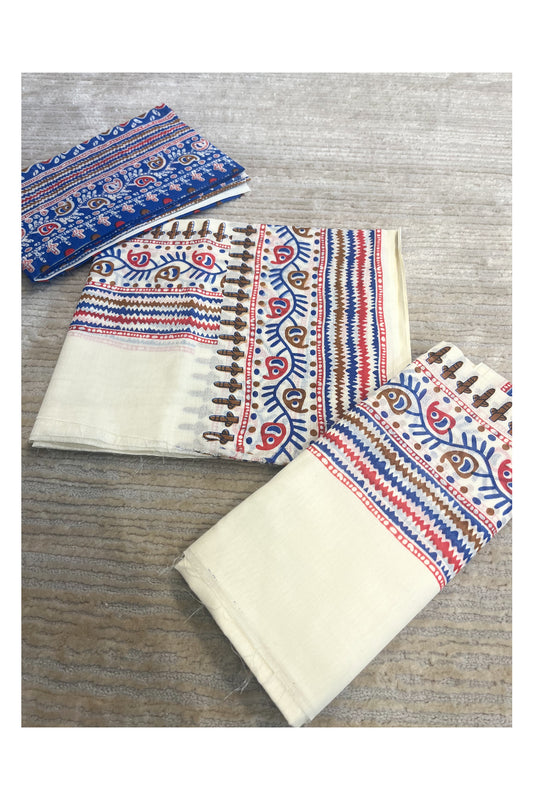 Southloom Pure Cotton Mulloth Set Mundu with Warly Print (Blue Printed Blouse Piece)