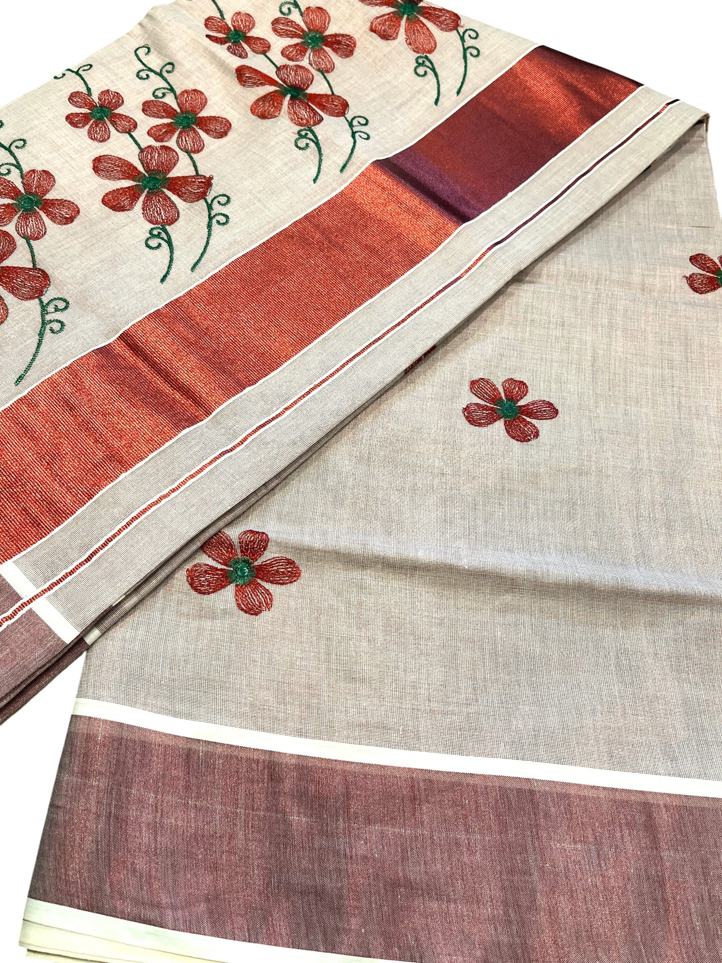 Southloom Kerala Tissue Kasavu Saree with Maroon Floral Embroidery on Body and Border