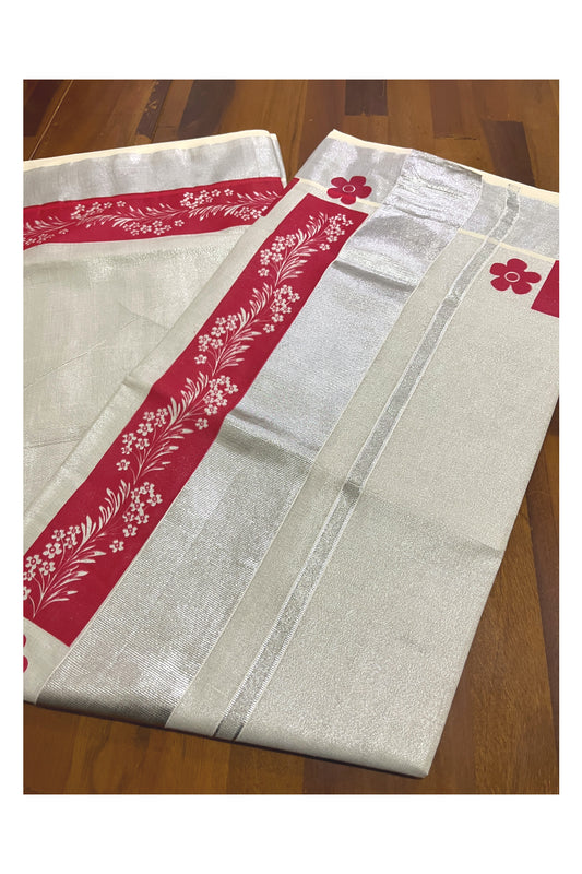 Kerala Silver Tissue Kasavu Saree with Red Floral Block Prints and Silver Border