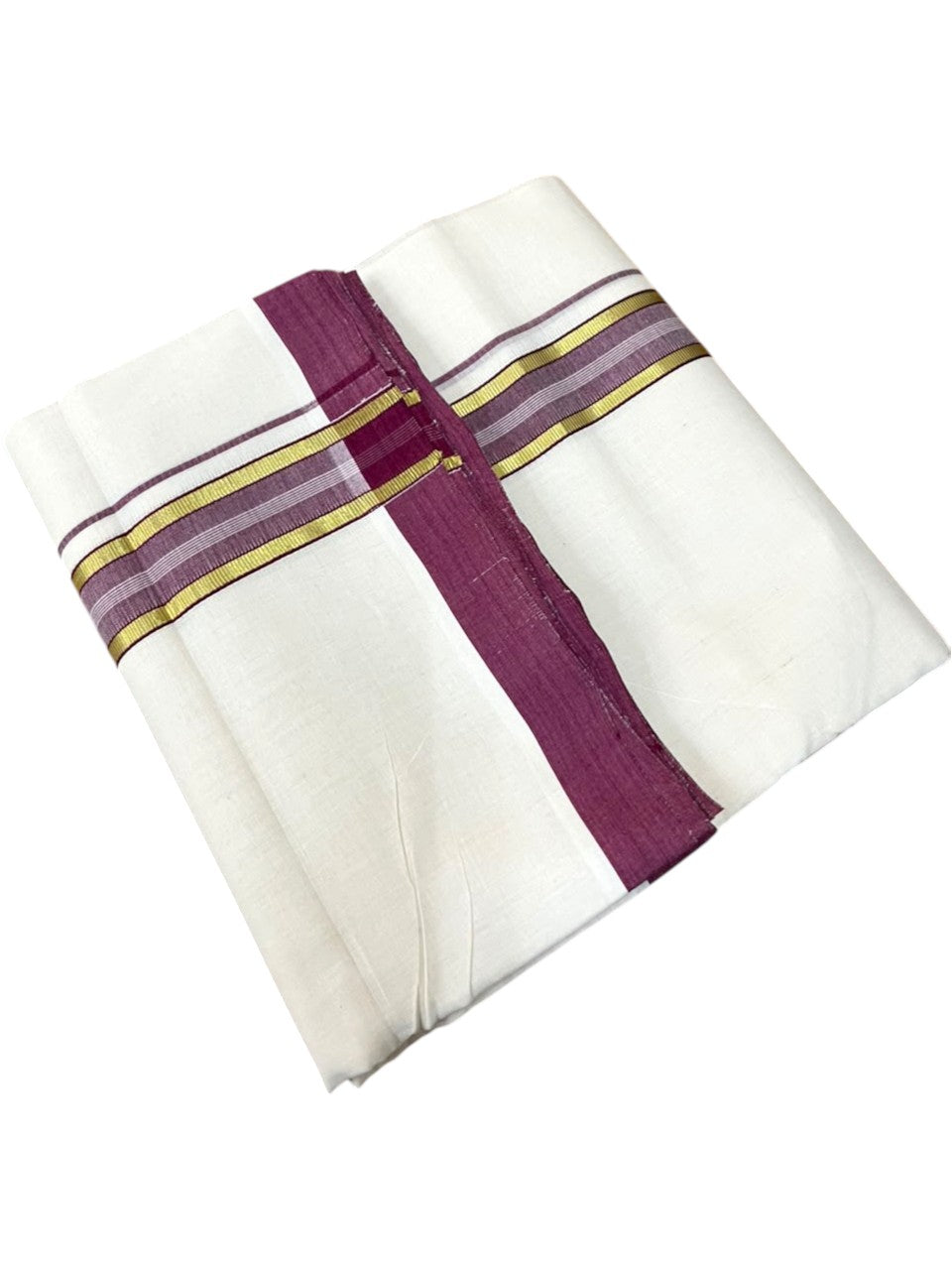 Southloom Balaramapuram Unakkupaavu Premium Handloom Cotton Double Mundu with Gold Kasavu and Purple Border