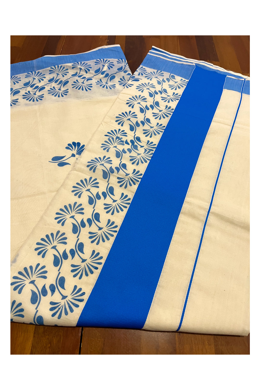 Kerala Pure Cotton Saree with Blue Block Prints on Border