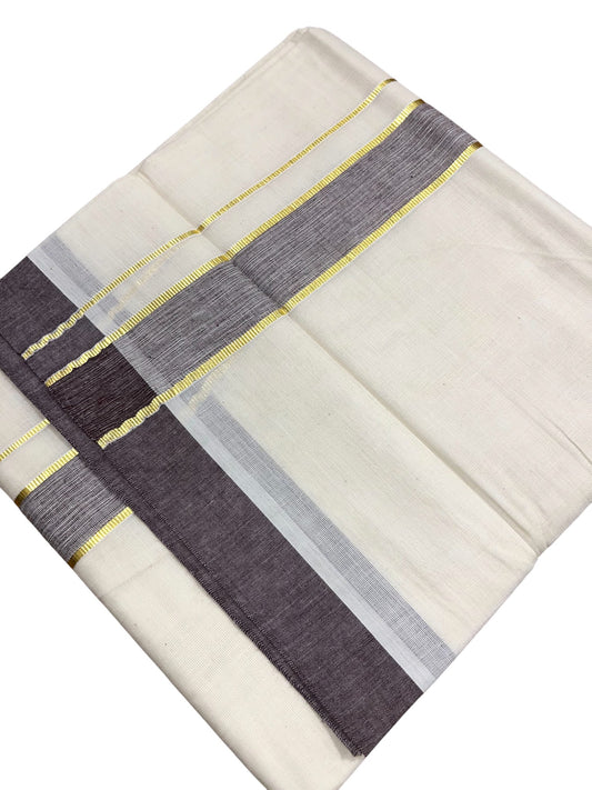 Southloom Kerala Pure Cotton Double Mundu with Gold Lines & Brown Border (South Indian Dhoti)