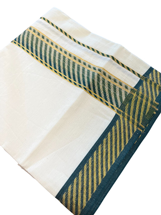 Southloom Off White Cotton Single Mundu with Ksavu and Kara Green Border (South Indian Dhoti)