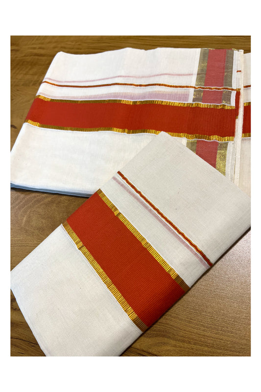 Pure Cotton Kerala Single Set Mundu (Mundum Neriyathum) with Orange and Kasavu Border