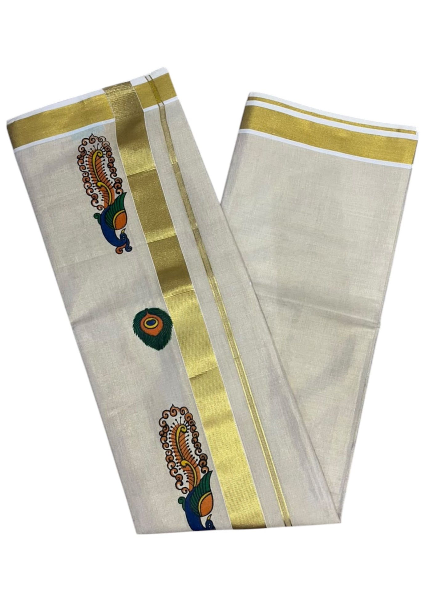 Southloom Kerala Tissue Double Mundu with Peacock Design and Gold Kasavu Border  (South Indian Dhoti) SL612