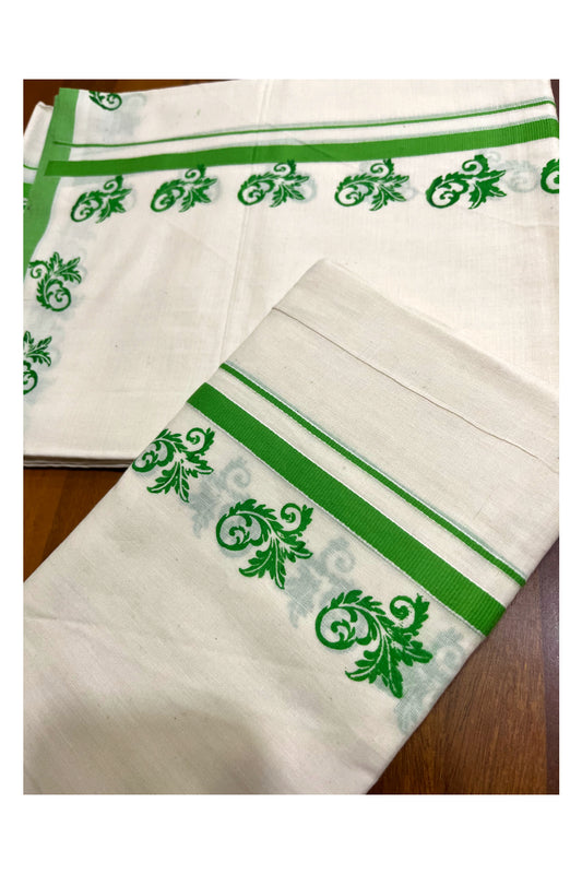 Kerala Pure Cotton Set Mundu Single (Mundum Neriyathum) with Light Green Block Prints