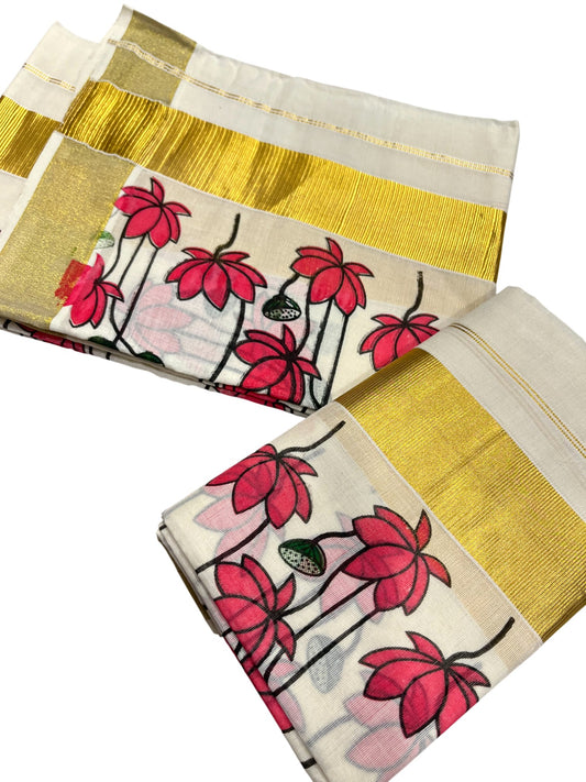 Southloom Kerala Cotton Single Set Mundu (Mundum Neriyathum) with Pink Floral Block Printed Design 2.80Mtrs