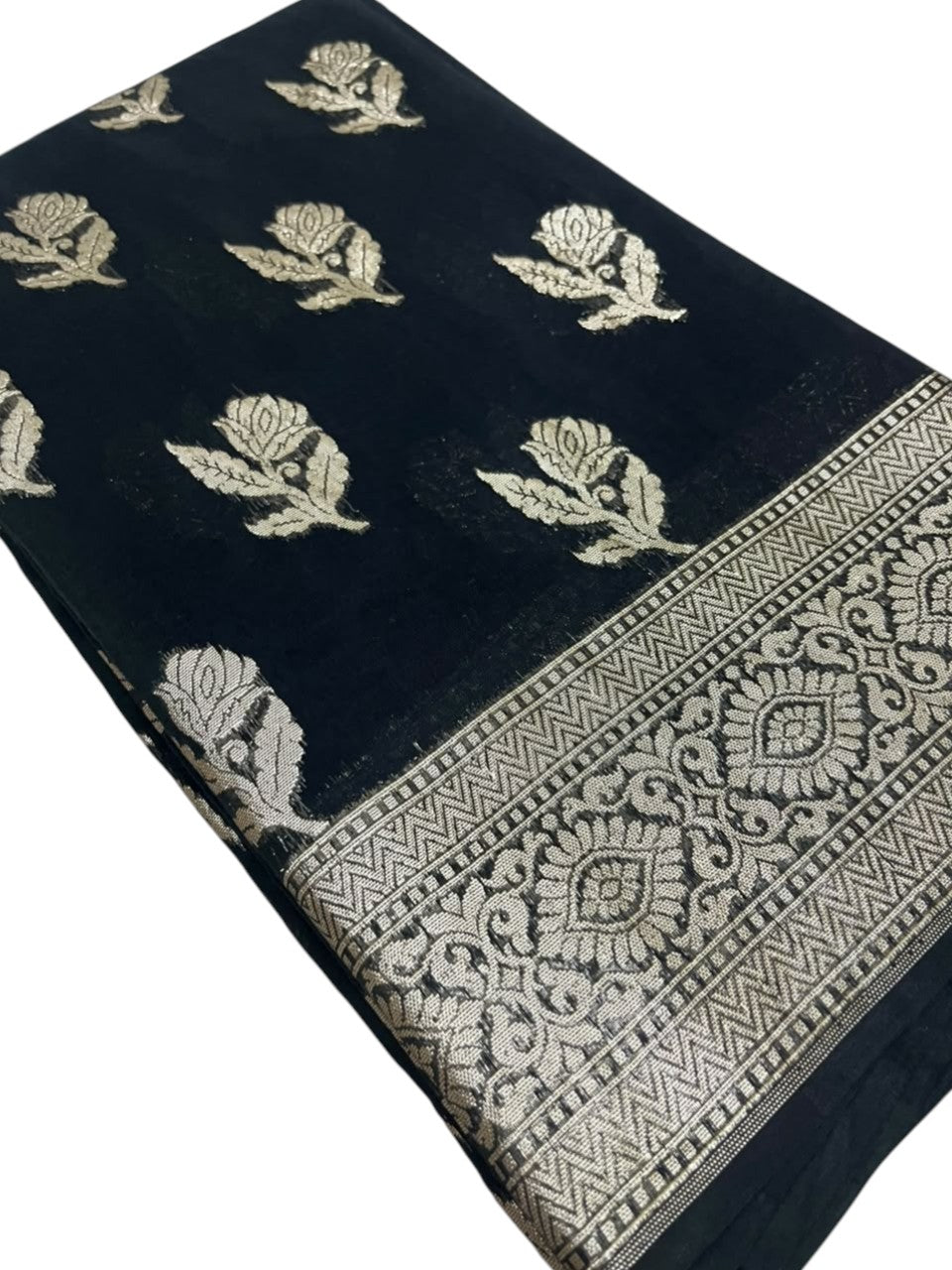 Southloom Cotton Banarasi Silk Saree with Woven Work on Body and Borders (Black)