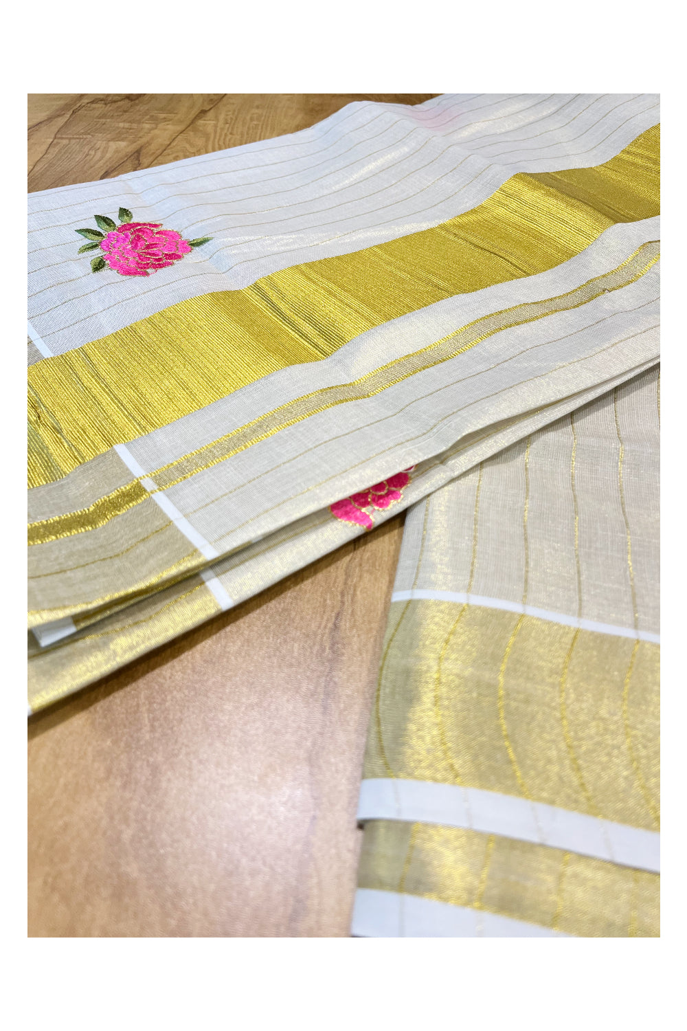 Southloom Kerala Tissue Kasavu Lines Saree with Pink Floral Embroidery Works