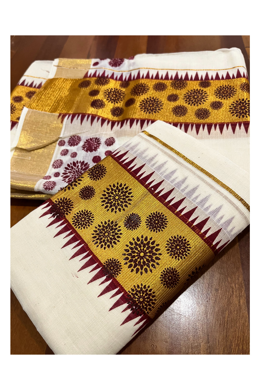 Kerala Pure Cotton Set Mundu Single (Mundum Neriyathum) with Maroon Temple Block Prints on Kasavu Border