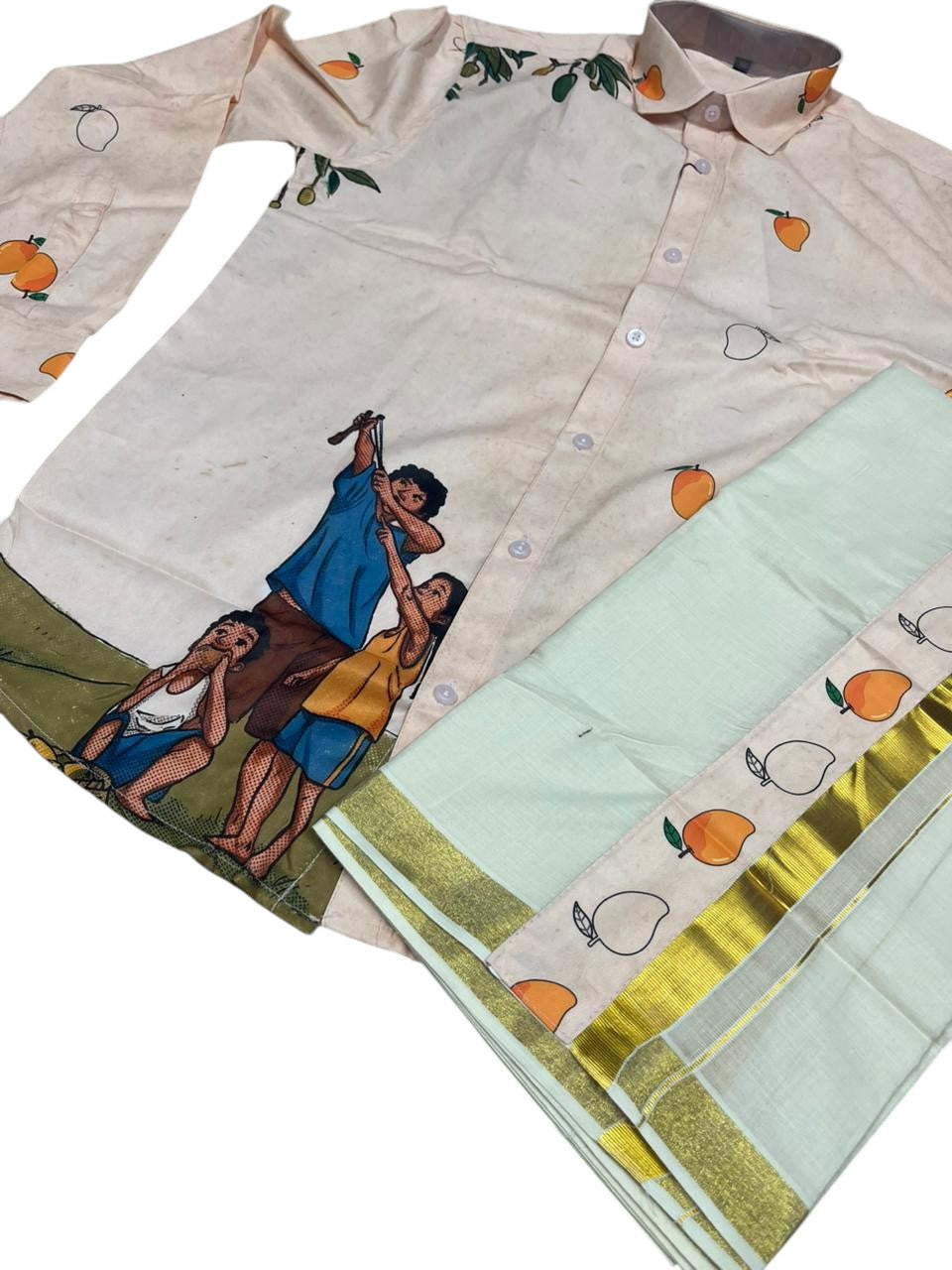 Southloom Premium Satin Mango Digital Print Design Men's Combo  (Shirt + Mundu) SL576