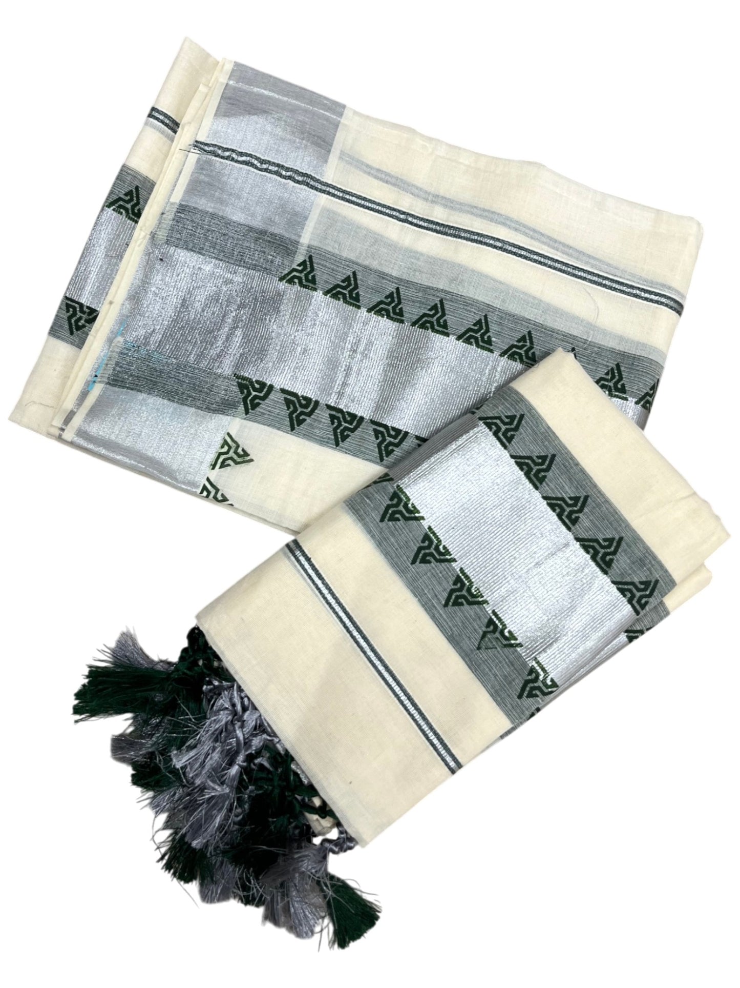 Cotton Single Set Mundu (Mundu Neriyathum) Silver Temple Design Works And Green Border Kasavu in 2.80 Mtrs With Tussles