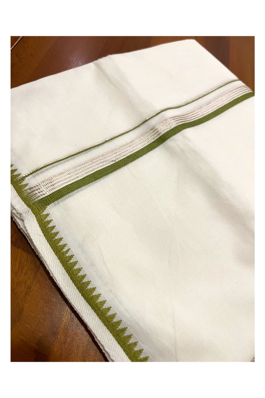 Pure White Cotton Double Mundu with Silver Kasavu and Green Border (South Indian Kerala Dhoti)