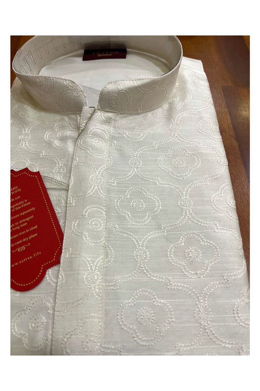 Southloom Off White Embroidered Semi Silk Short Kurta for Men