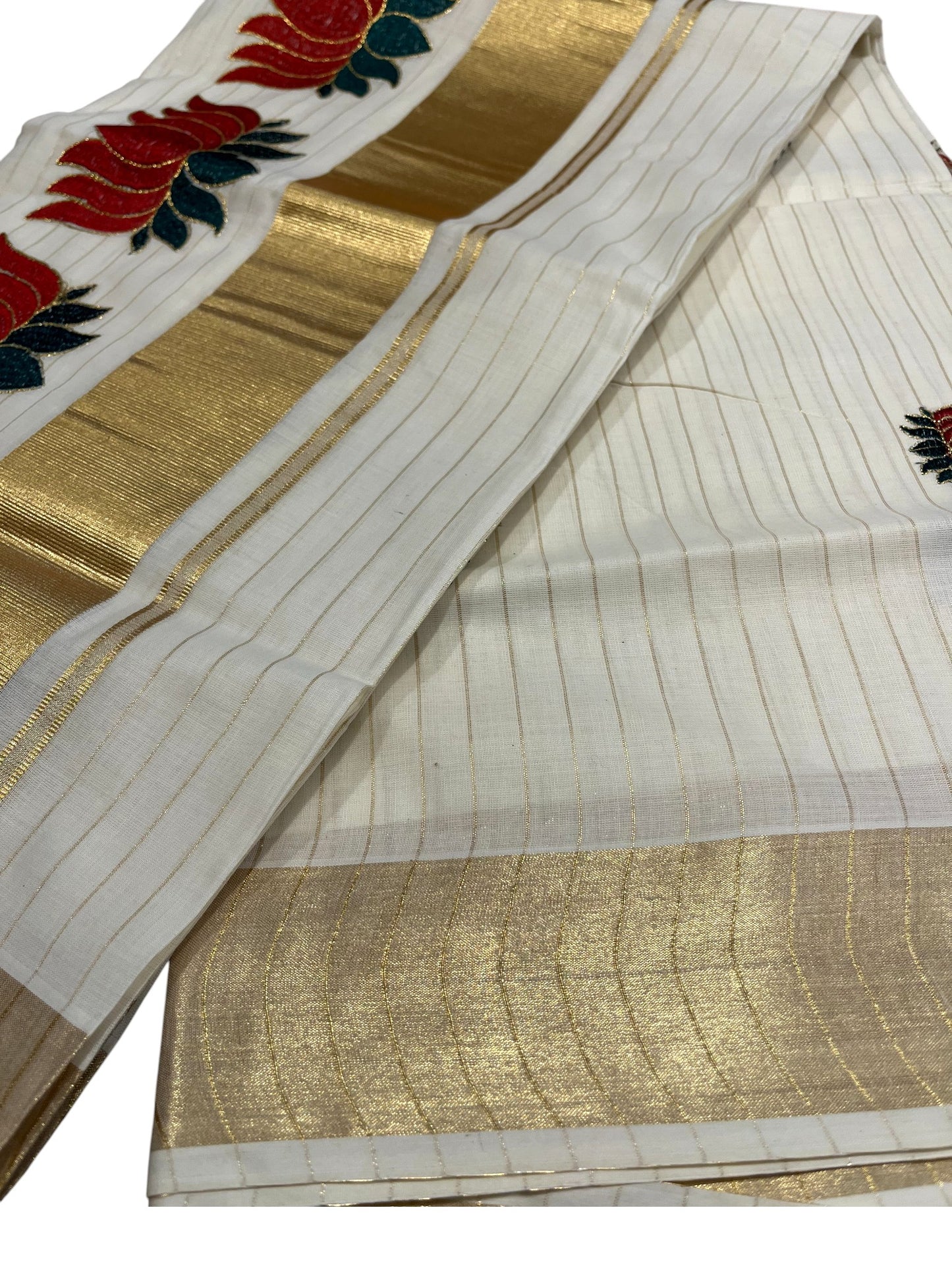 Southloom Kerala Cotton Kasavu Line Saree with Maroon Lotus Embroidery Works