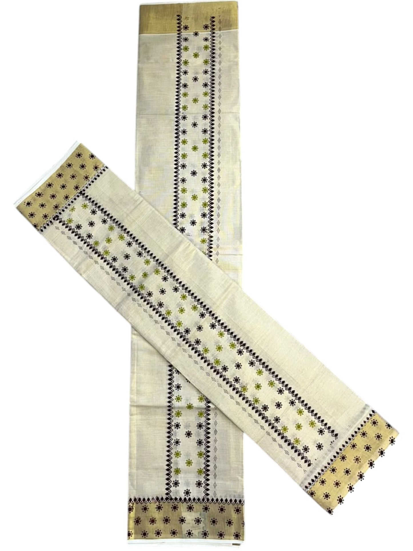 Southloom Kerala Tissue Set Mundu (Mundum Neriyathum) with Olive Green & Brown Floral Prints on Border-2.80Mtrs SL625