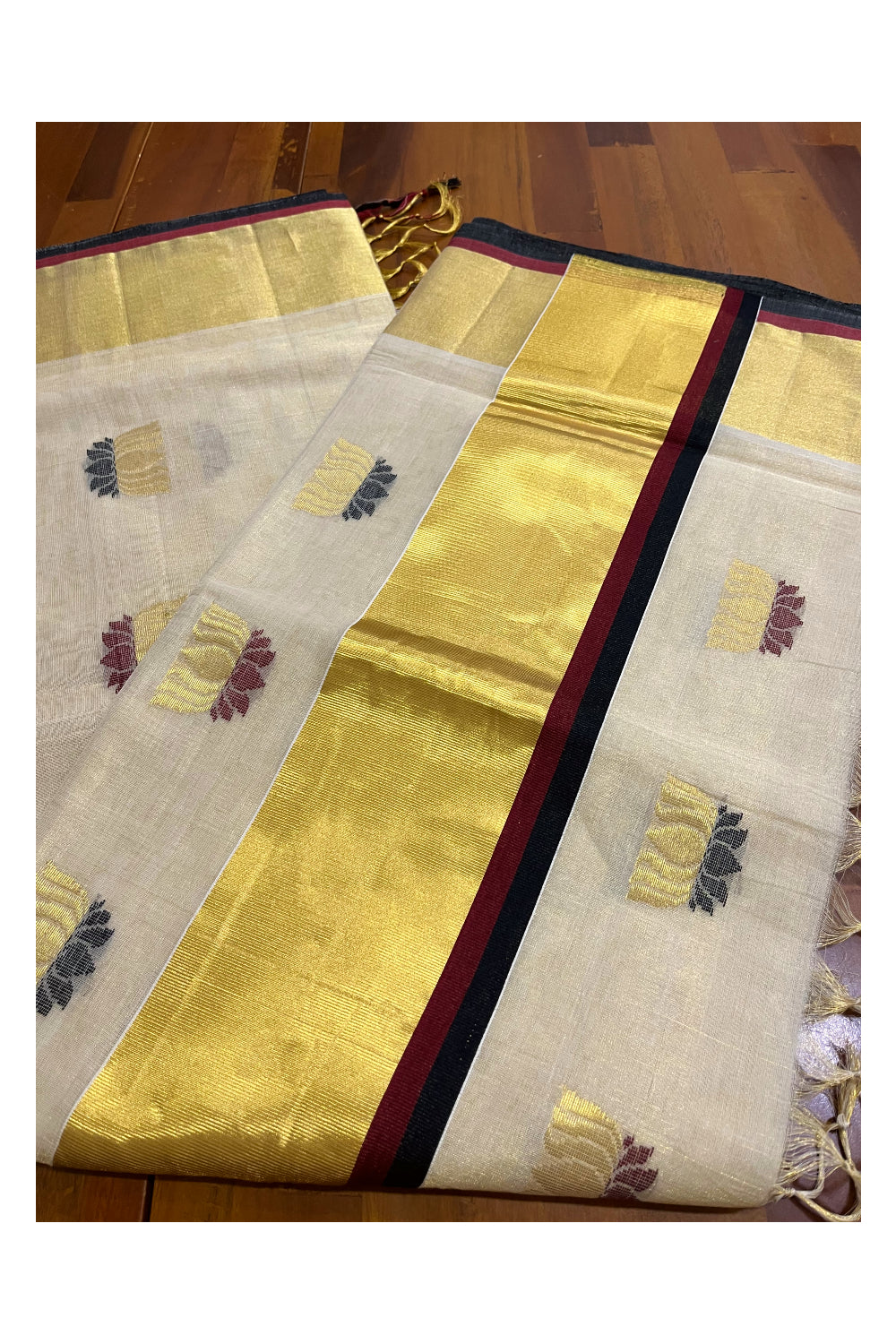 Southloom Premium Handloom Tissue Kasavu Saree with Lotus Woven Designs and Maroon Black Border