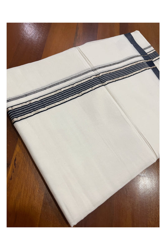 Pure White Kerala Double Mundu with Silver Kasavu and Navy Blue Kara (South Indian Kerala Dhoti)