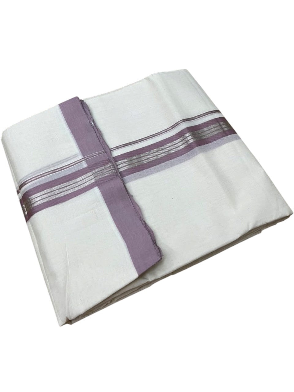 Southloom Pure Cotton Mundu with Siver Lines and Lavendar Border (South Indian Kerala Dhoti)