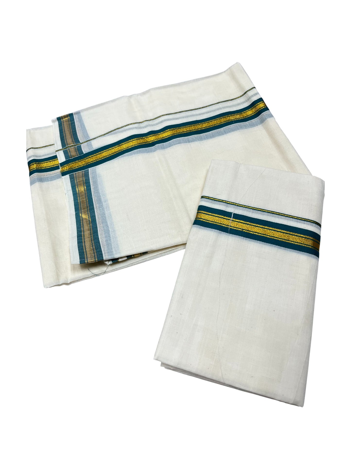 Pure Cotton Kerala Single Set Mundu (Mundum Neriyathum) with Peacock Green Kasavu Border in 2.80 Mtrs