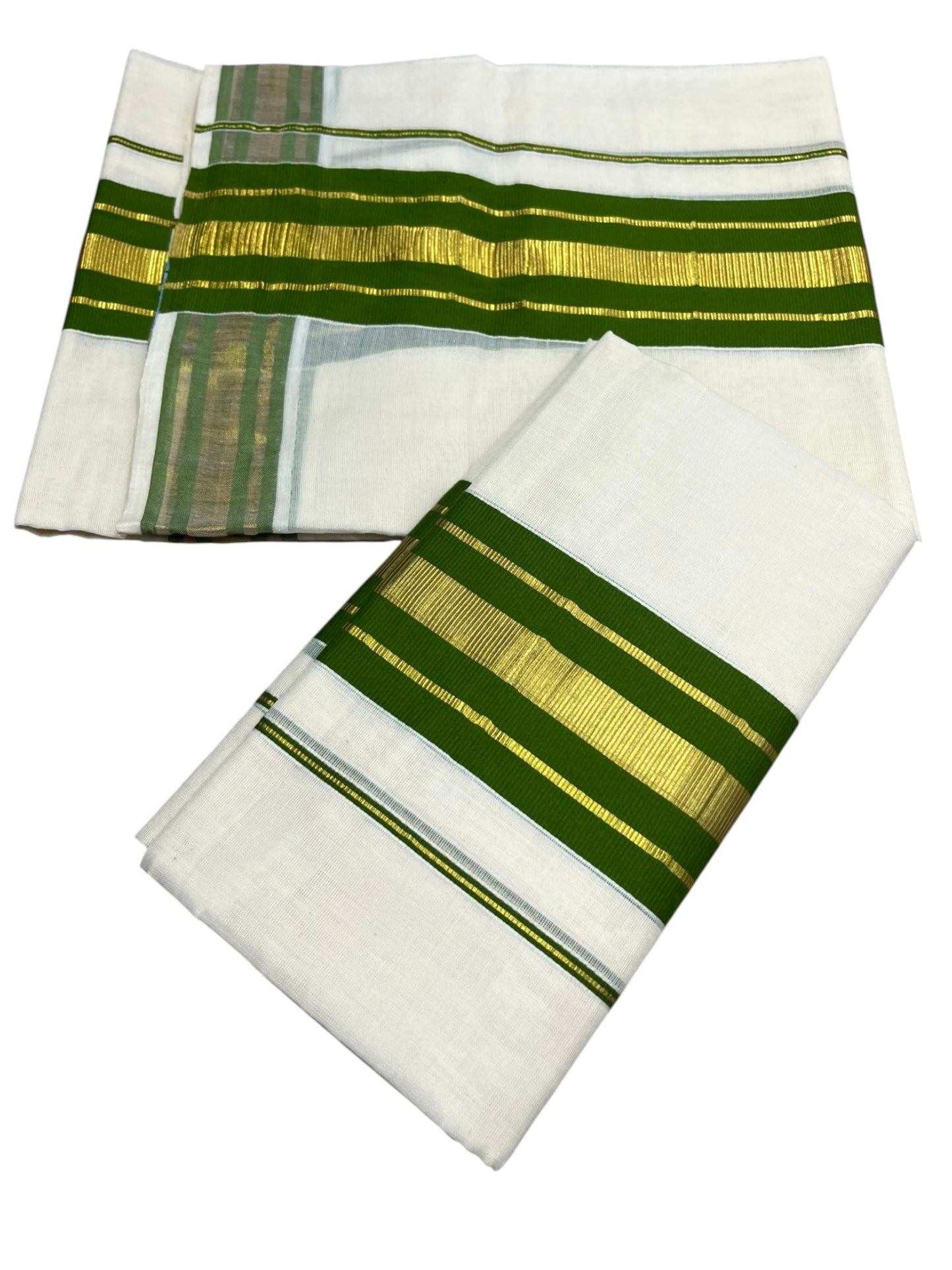Southloom Kerala Cotton Single Set Mundu (Mundum Neriyathum) with Kasavu and Olive Green Border in 2.80 Mtrs SLKK